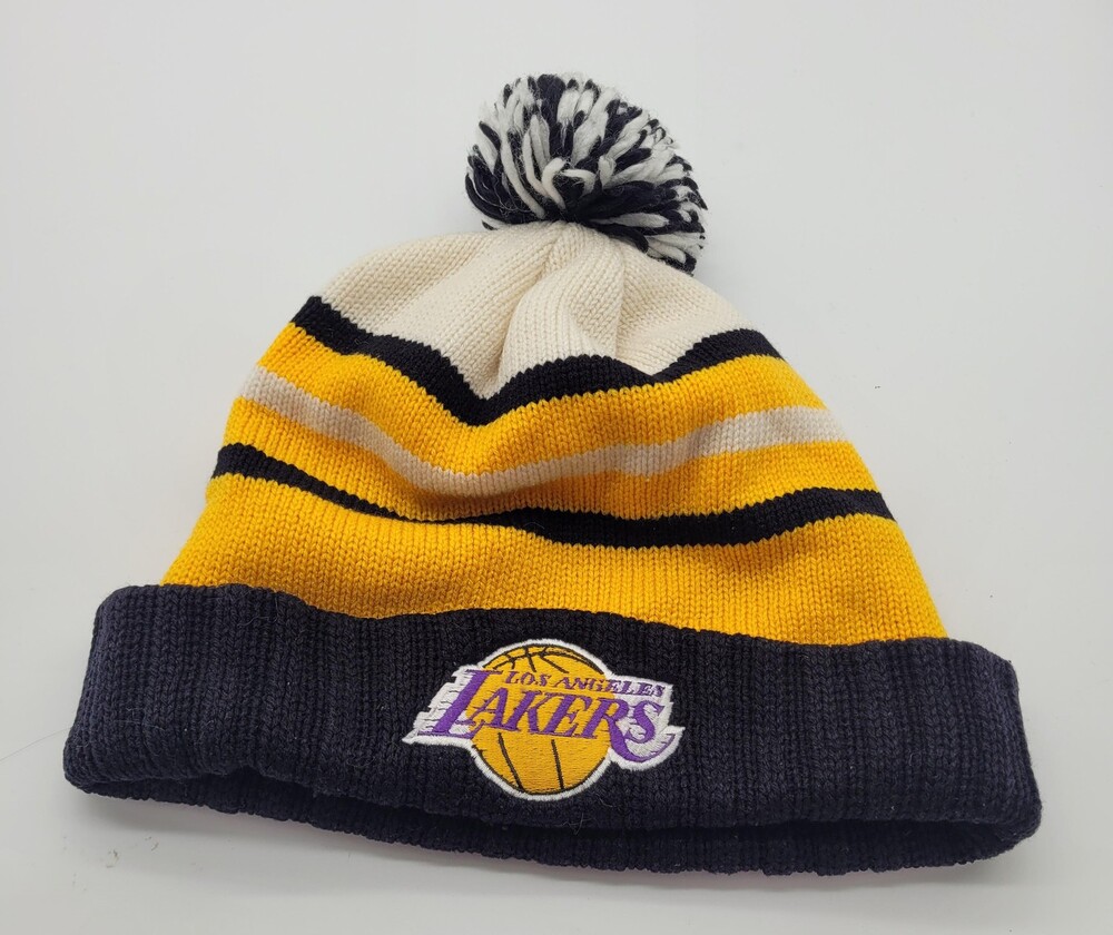 Los Angeles Lakers Hat Beanie Mens Yellow Black NBA Basketball Pom Cuffed Knit
